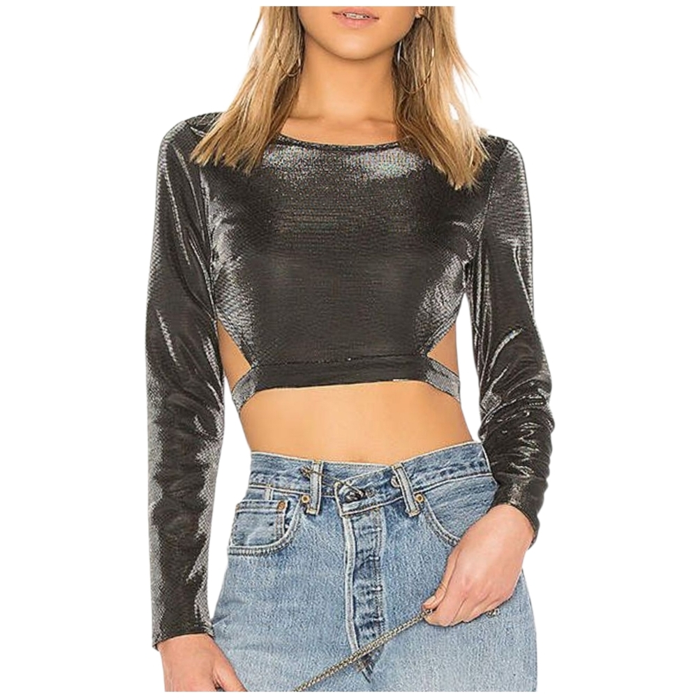 Black Shimmer Long-Sleeve Cutout Crop Top - Women